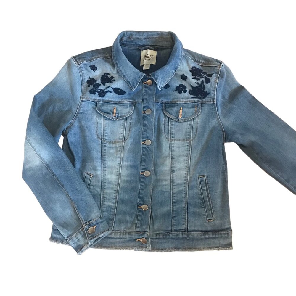 Vintage America Blues Denim Jacket With Navy Floral Embroidery  Womens Large